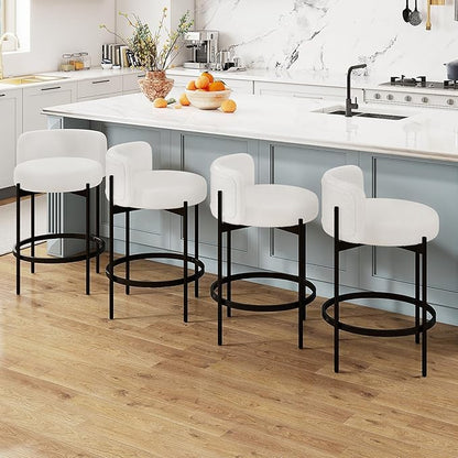 COSTWAY Counter Height Bar Stools Set of 2, 24.5 Inch Boucle Modern Barstools w/Curved Backrest, Metal Frame, Comfy Footrest, Upholstered Island Chairs for Dining Room, Kitchen, Cafe, 400 LBS Max Load