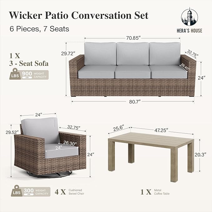 HERA'S HOUSE Luxury Swivel Glider Patio Furniture Set with 4.92" Wide Armrests 5.5" Thick Cushions, 6 Pieces Outdoor Wicker Furniture Conversation Set with Table for Backyard Deck Garden, Grey