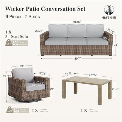 HERA'S HOUSE Luxury Swivel Glider Patio Furniture Set with 4.92" Wide Armrests 5.5" Thick Cushions, 6 Pieces Outdoor Wicker Furniture Conversation Set with Table for Backyard Deck Garden, Grey