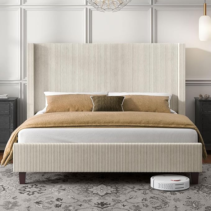 HOWE Queen Size Upholstered Platform Bed Frame, Wingback Bed with 50.8" Headboard, Corduroy/Solid Wood Leg/No Box Spring Needed/Noise Free/Cream