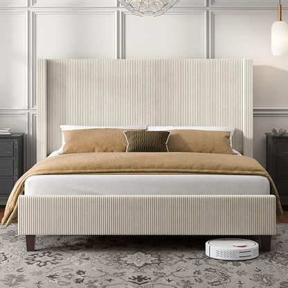 HOWE Queen Size Upholstered Platform Bed Frame, Wingback Bed with 50.8" Headboard, Corduroy/Solid Wood Leg/No Box Spring Needed/Noise Free/Cream