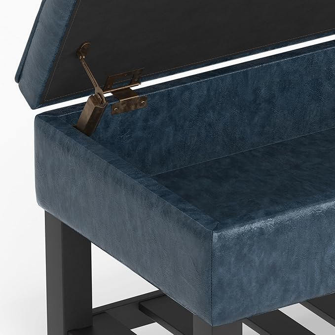 SIMPLIHOME Cosmopolitan 44 inch Wide Transitional Rectangle Storage Ottoman Bench with Open Bottom in Denim Blue Vegan Faux Leather, Assembled for the Living Room and Bedroom