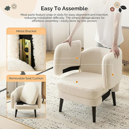 VINGLI 30.3" Wide Modern Barrel Accent Armchairs Set of 2 with Track Armrest, Solid Wooden Legs, Comfy Upholstered Club Chairs, Single Home Sofa for Living Room, Bedroom, Reading,Teddy Fleece White