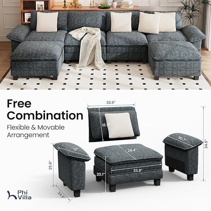 PHI VILLA Cloud Modular Couch Sets, 157.5" Sectional Sofa with U-Shaped Chaise, 6-Seater Couches with Movable Ottomans for Living Room, Chenille Fabric, Dark Cyan