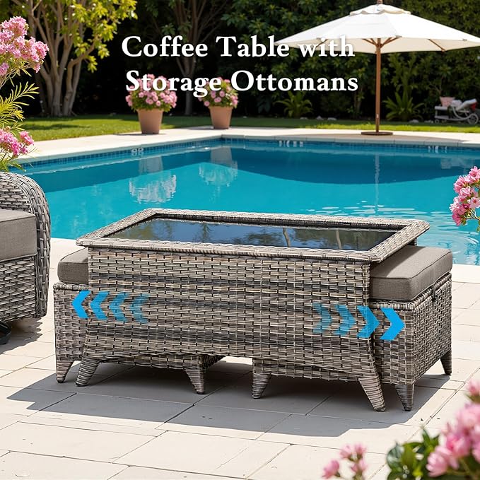 Belord Luxury 6" Thick Cushioned 10 Pieces Patio Furniture Set with Outdoor Couch, Wicker Outdoor Conversation Set with High Back Swivel Rocker Chairs for Deck Porch Yard and Poolside - Grey+Grey