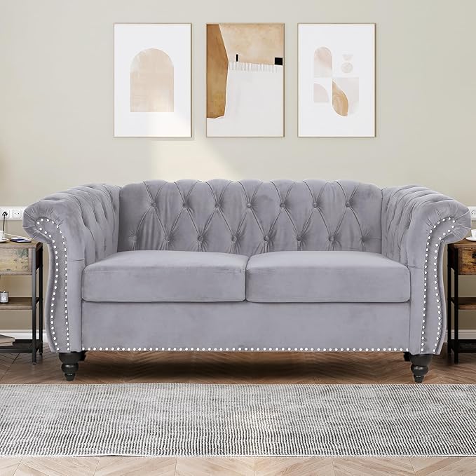 2 Piece Living Room Furniture Set, Velvet Loveseat and Chair Set, Mid Century Modern Upholstered Sofa Couch with Cushions, Comfy Tufted Chesterfield Couches for Living Room, Bedroom, Office