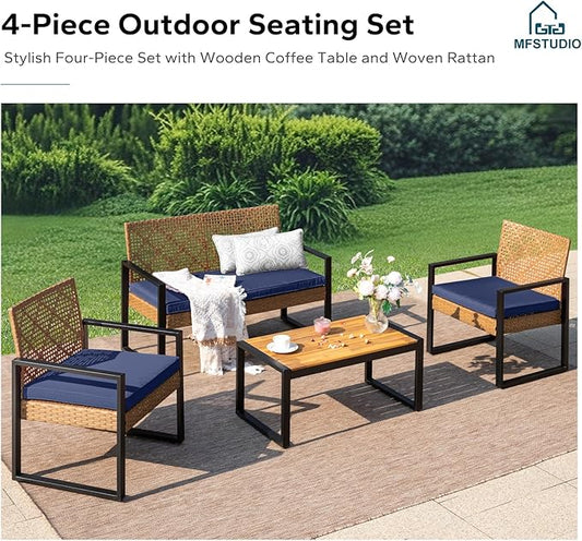 MFSTUDIO 4 Pieces Outdoor Patio Furniture Set, Small Outdoor Rattan Couch with Wood Table, Loveseat & Chairs, Loveseat Patio Sectional Furniture Set, Blue
