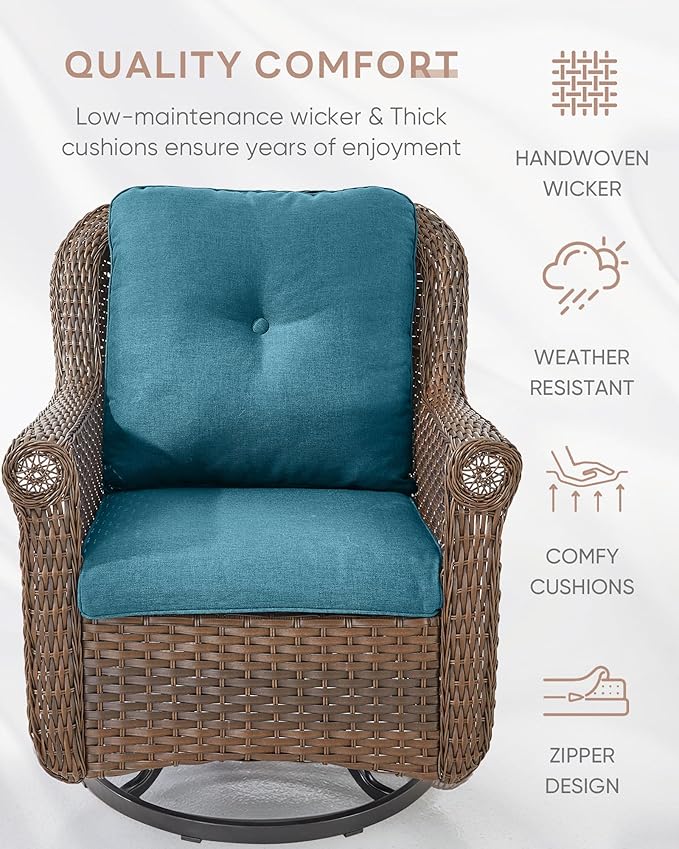 Patio Chairs Outdoor Swivel Glider - Set of 4 High Back Outside Brown Wicker Rattan Rocking Chair with Thick Cushion for Porch Apartment Deck Yard Poolside Garden - Peacock Blue