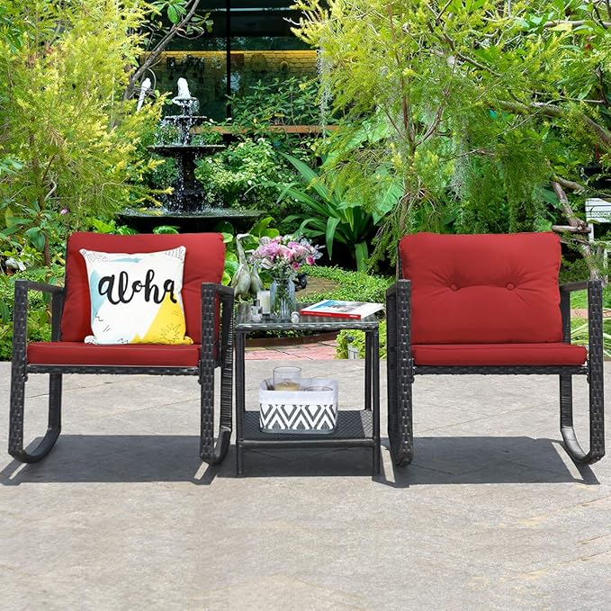 COSTWAY 3 Pieces Patio Rattan Rocking Chair Set, Outdoor Conversation Furniture Sets with Coffee Table, Storage Shelf and Cushions, Modern Bistro Set for Porch, Backyard, Garden, Red