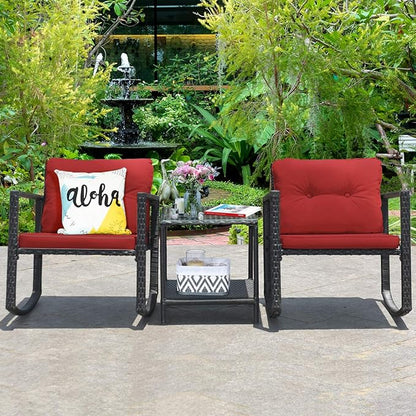 COSTWAY 3 Pieces Patio Rattan Rocking Chair Set, Outdoor Conversation Furniture Sets with Coffee Table, Storage Shelf and Cushions, Modern Bistro Set for Porch, Backyard, Garden, Red