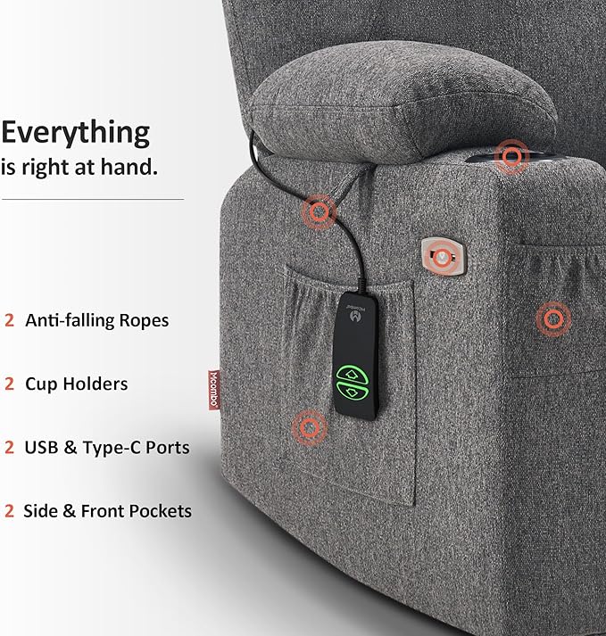 MCombo Power Lift Recliner Chair for Elderly, Lift Chair with Heat and Massage for Tall People, USB&Type C Ports, Extended Footrest, Cup Holders, Fabric 7516 (Large,Dark Grey)
