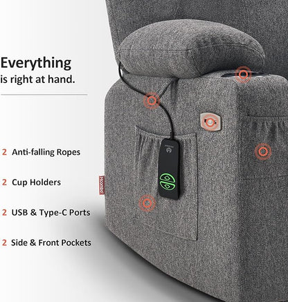 MCombo Small Power Lift Recliner Chair for Elderly, Petite Power Lift Chair with Heat and Massage for Seniors, Cup Holders, USB & Type C Ports, Fabric 7141 (Grey)