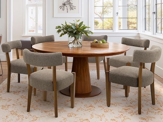 Modern Dining Chairs Set of 8, Walnut Upholstered Kitchen & Dining Room Chairs, Mid Century Wooden Dining Chairs Oversized Sturdy Fabric Rounded Chairs Curved Back, Tan Brown