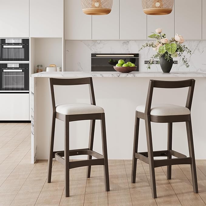 Christopher Knight Home Yone Counter Height Bar Stools Set of 2, Comfy Fabric Upholstered Bar Stool for Kitchen Island, Wooden Dining Room Chair, Barstools with Footrest/Backrest, Beige + Dark Brown
