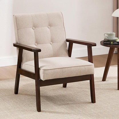ANJ Mid Century Modern Accent Chair, Armchair for Living Room & Bedroom, Tufted Fabric Upholstered Side Chair with Solid Wood Legs, Comfortable Single Seater Reading Chair, Beige
