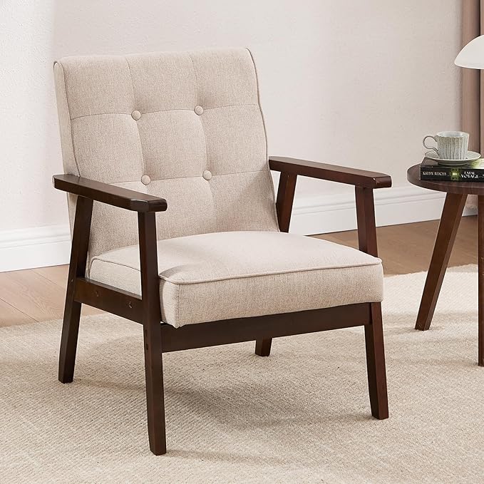 ANJ Mid Century Modern Accent Chairs Set of 2, Tufted Fabric Armchair with Solid Wood Frame, Comfy Retro Side Chair Reading Chair for Living Room, Bedroom，Beige