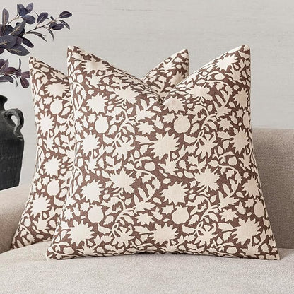 Foindtower Set of 2 Decorative Neutral Floral Throw Pillow Covers Accent Farmhouse Cushion Covers Boho Vintage Pillowcase for Couch Sofa Bedroom Living Room Home Decor,22×22 Inch,Brown