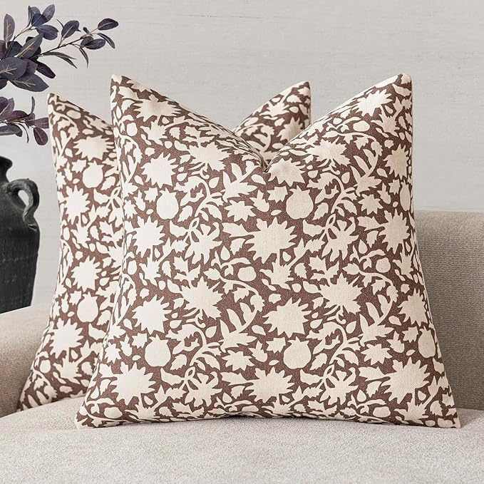 Foindtower Set of 2 Decorative Neutral Floral Throw Pillow Covers Accent Farmhouse Cushion Covers Boho Vintage Pillowcase for Couch Sofa Bedroom Living Room Home Decor,24×24 Inch,Brown
