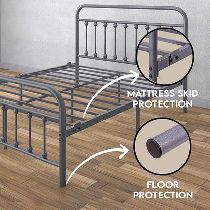 Golden Gate Beds Vintage Style Metal Bed Frame with Wrought Iron Headboard and Footboard, Classic Platform Bedframe Storage, No Box Spring Needed, Mattress Foundation, Silver, Queen Size