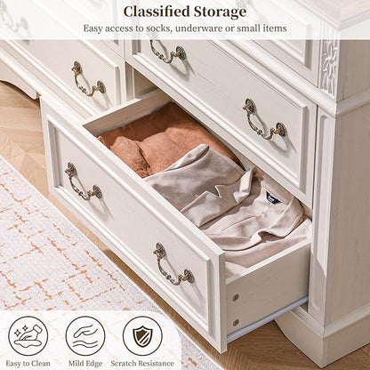 Dresser for Bedroom with 7 Drawers, 55" Wide Dresser for Storage and Organization, Farmhouse Chest of Drawers for Living Room, Closet, Hallway, White
