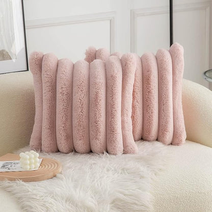 Neelvin Pink Faux Fur Cozy Soft Striped Decorative Throw Pillow Covers 24x24 inch Set of 2,Velvet Pillowcase Cushion Case for Sofa Couch