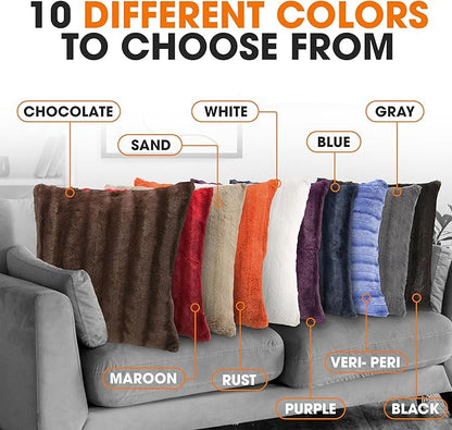 Cheer Collection Faux Fur Throw Pillows - Decorative Pillows for Couch, Bed Throw Pillows, Chocolate Accent Pillows for Bedroom or Living Room Aesthetic, Set of 2 Furry Throw Pillows, 20" x 20"