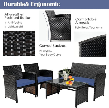COSTWAY Patio Furniture Set 4 Pieces, Outdoor Wicker Chairs Sofa w/Coffee Table and Soft Cushions, Rattan Conversation Sets for Patio Lawn Backyard Yard Pool Garden, Navy