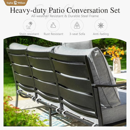 Sophia & William Patio Furniture Sets for 7 Outdoor Conversation Set 6 Pcs with 4 x Armrest Cushioned Sofa Chairs, 1 x 3-Seat Sofa, 1 Marbling Metal Coffee Table Garden Backyard Poolside Grey