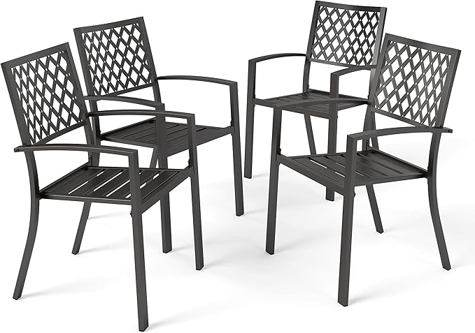 PHI VILLA Metal Outdoor Dining Chairs Set of 4 - Stackable Black Patio Chairs, 300lb Capacity (Diamond)