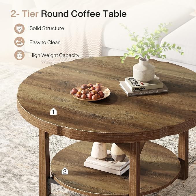 Tribesigns Round Coffee Table, 2-Tier Farmhouse Center Table with Storage Shelf, Rustic Wooden Cocktail Tables for Living Room