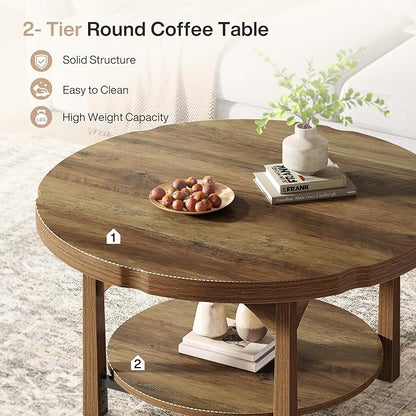 Tribesigns Round Coffee Table, 2-Tier Farmhouse Center Table with Storage Shelf, Rustic Wooden Cocktail Tables for Living Room