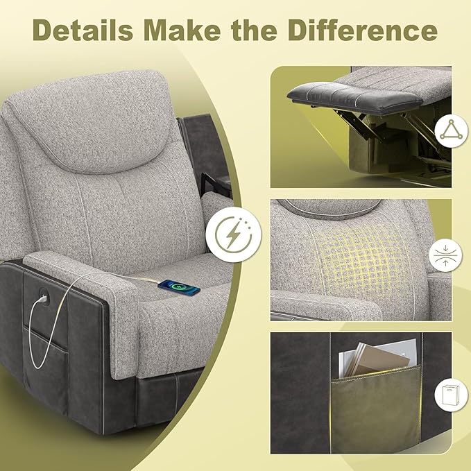 Home Theater Seating, Manual Recliner Sectional Sofa for Living Room, 5 Seater Reclining Sectional Couch with Flip-Up Backrest, Storage Console, USB Ports, Grey Linen & Chocolate Leather