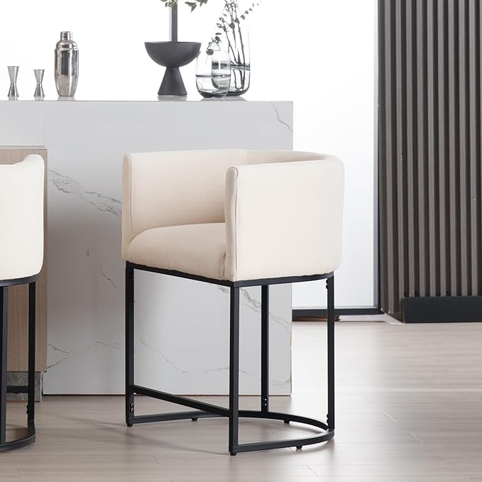 Contemporary Cream Linen Bar Stool, 24" Upholstered Fabric Counter Height Barstool Kitchen Counter Island Stool with Screwed Together Black Metal Base