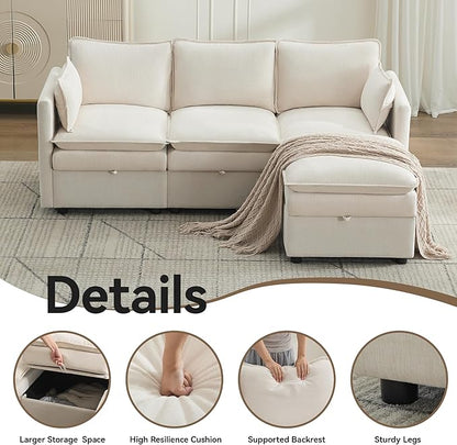 80" Cloud Modular 3 Seater Sofa with Storage Ottoman, Modern Upholstered Storage Sofa Couch Deep Seat, L Shape Sectional Sofa Chenille Comfy Couch with Armrests for Living Room, Small Space, Beige
