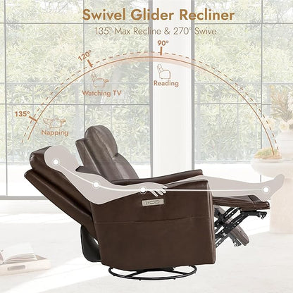 Watson & Whitely Genuine Leather Power Recliner Chairs for Adults, Swivel Glider Recliner Chair for Living Room with Charging Ports, Dark Brown