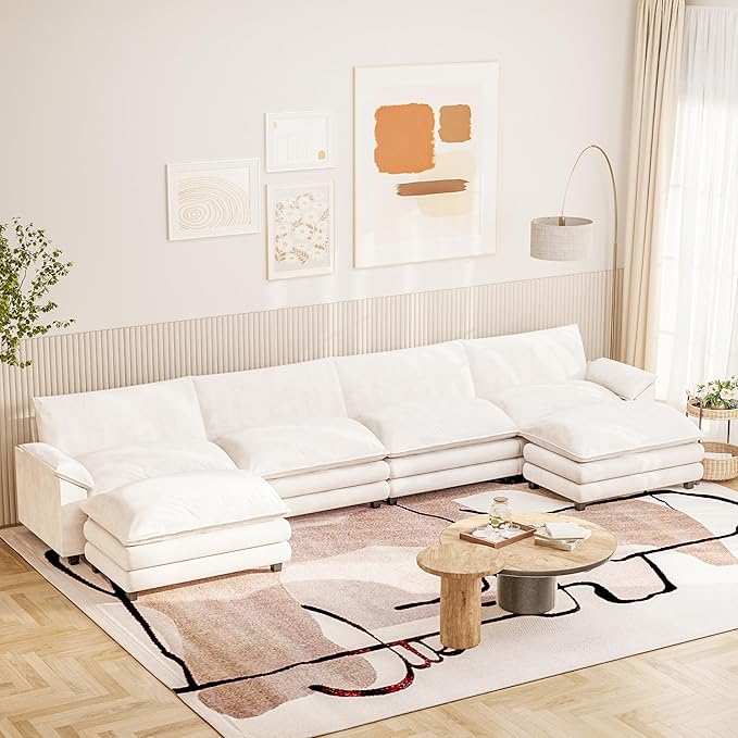 Furniwell Modular Sectional Sofa with Moveable Ottoman, Oversized 3-Seater Couch with Supportive Backrest, Chenille Convertible Sofa Couches for Living Room/Apartment (Whtie, U Shaped)