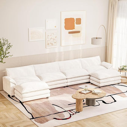 Furniwell Modular Sectional Sofa with Moveable Ottoman, Oversized 3-Seater Couch with Supportive Backrest, Chenille Convertible Sofa Couches for Living Room/Apartment (Whtie, U Shaped)