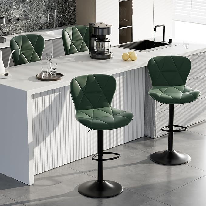 Bar Stools Set of 6,Adjustable Swivel Barstools, Faux Leather Bar Chairs,Upholstered Counter Height with High Backrest for Kitchen Island, Green