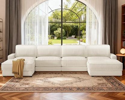 Sunny Heart 160" U-Shaped Modular Sectional Sofa, Oversized Cloud Couch with Movable Ottoman, 6-Seat Chenille Deep Seat Sofa with Pillow, Sectional Couches for Living Room, Apartment, Beige