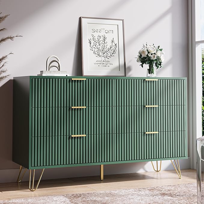 Green Dresser for Bedroom, Modern Dresser with Gold Metal Handles & Chests of Drawers, Wood Chest of Drawers for Bedroom