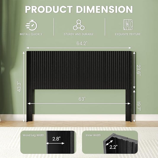 COCO DESIGN Queen Size Headboard Only, 64.3" Wide Wooden Headboard, Mid Century Modern Farmhouse Boho HeadBoard, Wall Mount, Fluted Panel, Wingback Design, Black