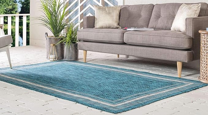 Unique Loom Outdoor Border Collection Area Rug - Soft Border (7' 1" x 10' Rectangle, Teal/ Ivory)
