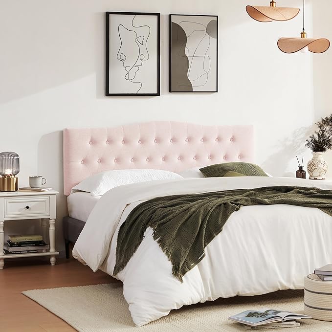 Tufted Upholstered Headboard California King Size, Sturdy and Durable Solid Wood Bed headboard, Fabric Headboard Adjustable Height from 37” to 51”, Button Diamond Design Head Board, Pink