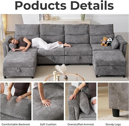 132'' Modular Sectional Sofa, U Shaped Comfy Cloud Couch with Large Storage, Extra Deep Seat, Modern Chenille Sofa with Chaise, 6 Seat Convertible Couches for Living Room, Grey
