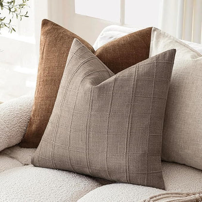 Foindtower Set of 2 Decorative Linen Check Throw Pillow Covers Neutral Farmhouse Vintage Cushion Covers Modern Boho Home Decor for Sofa Chair Couch Bedroom Living Room,26×26 Inch,Tan Taupe
