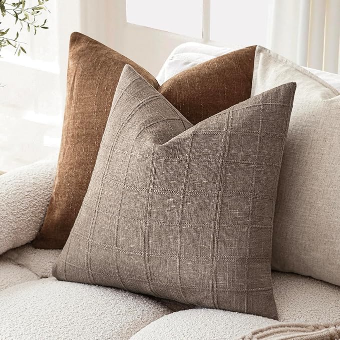 Foindtower Set of 2 Decorative Linen Check Throw Pillow Covers Neutral Farmhouse Vintage Cushion Covers Modern Boho Home Decor for Sofa Chair Couch Bedroom Living Room,22×22 Inch,Tan Taupe