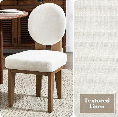 Mid-Century Modern Walnut Dining Chairs Set of 2, Vintage White Wooden Kitchen Chairs, Retro Upholstered Linen Cushioned Seat with Curved Backrest, Armless Accent Side Chair for Bedroom