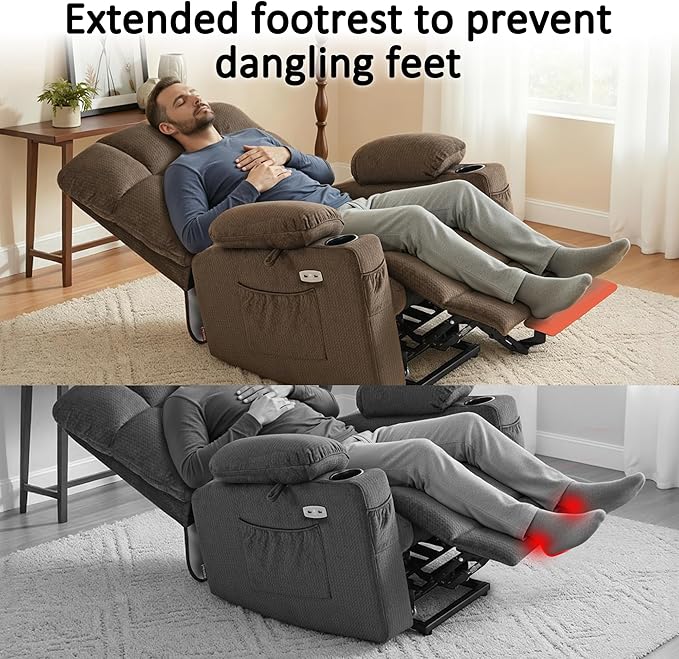 MCombo Dual Motor Power Lift Recliner Chair with Massage and Heat for Elderly People, Infinite Position, USB Ports, Cup Holders, Fabric 7679 (Medium, Brown)