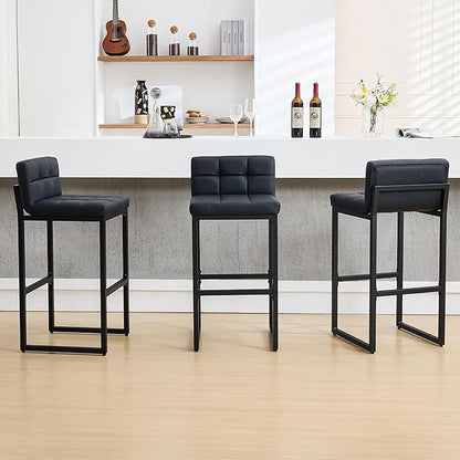 Bar Stools Set of 3, PU Leather Bar Height Barstools, 30" High Top Bar Stools with Back and Thickened Metal Legs, Upholstered Island Chairs for Kitchen Island (Black, 3Pcs 30" Bar Stools)