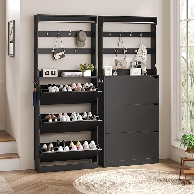 Tall Shoe Cabinet with Coat Rack, Hidden Shoe Storage Cabinet with Doors & Drawer, Hanging Bar & Hooks, Slim Narrow Freestanding Shoe Rack Organizer for Entryway, Hallway & Living Room, Black